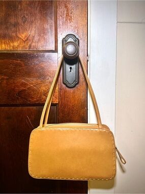 Classic Tan Shoulder Bag, White Stitching- Faux Leather